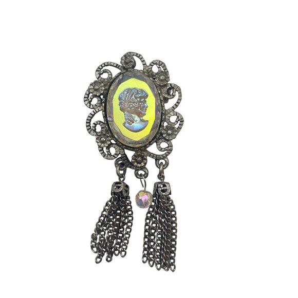 Iridescent Glass Cameo Brooch Intaglio Tassel Dangle Silver Tone Filigree AB Pin - Picture 4 of 13